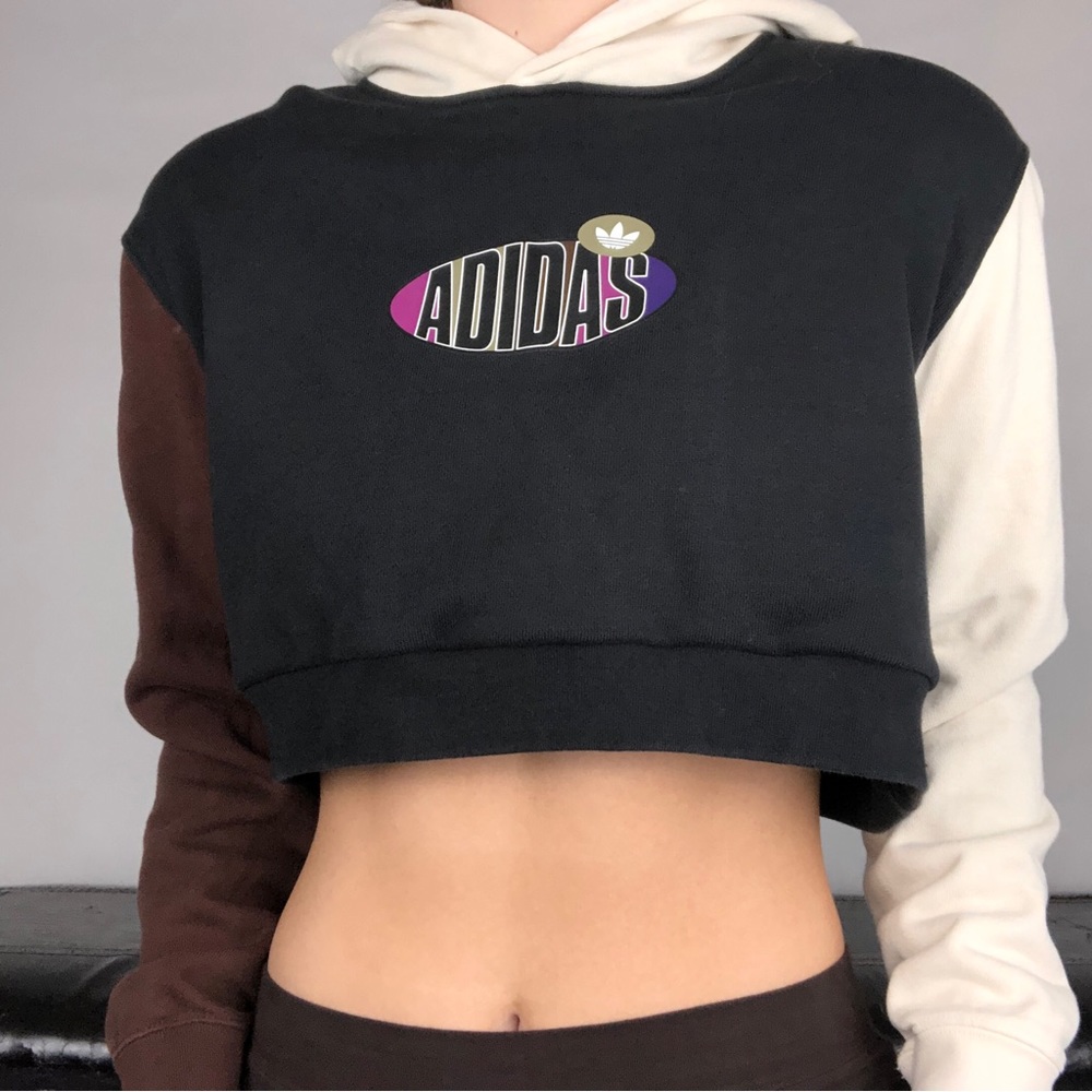adidas Cropped Colorblock Hoodie - Black, Brown, Cream, Purple Accent
